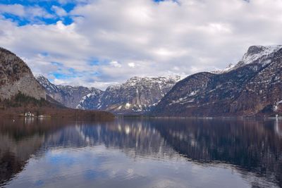 Scenic view of lake by mountains against sky