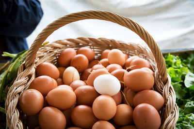 High angle view of eggs in basket