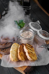 High angle view of breakfast served on table