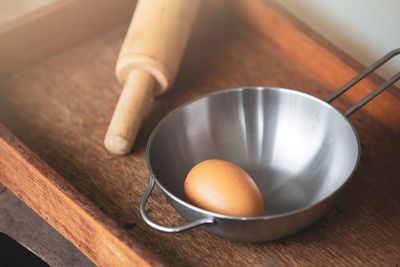 High angle view of tea in bowl on table