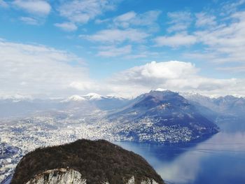 Scenic view of sea and snowcapped mountains against sky