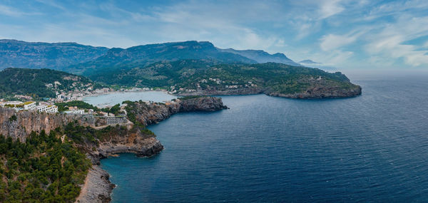 Aerial view of the luxury cliff house hotel on top of the cliff on the island of mallorca.