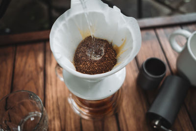 High angle view of coffee on table