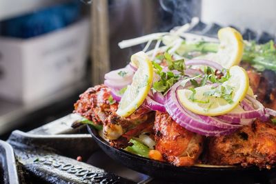 Close-up of food served on table