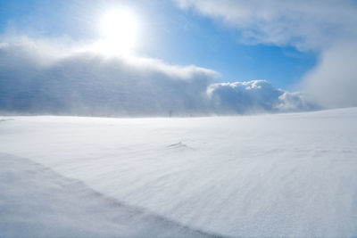 Snow covered landscape against sky