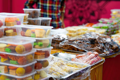 Special indian assorted sweets or mithai for sale during deepavali or diwali festival at the market.