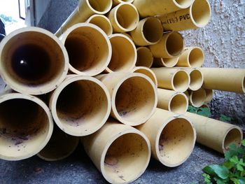 Close-up of stack of pipes