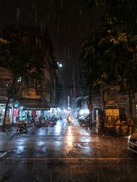 Wet city street during rainy season at night