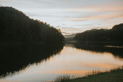 Scenic view of lake against sky during sunset