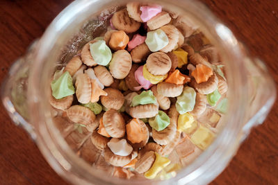 High angle view of food in bowl on table