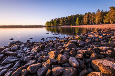 Scenic view of lake at sunset