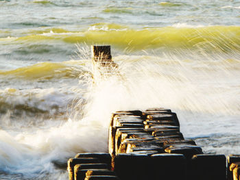 Blurred motion of waves splashing on shore