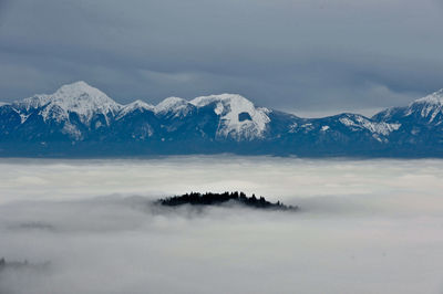 Scenic view of snow covered mountains against sky