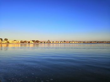 Scenic view of sea against clear blue sky