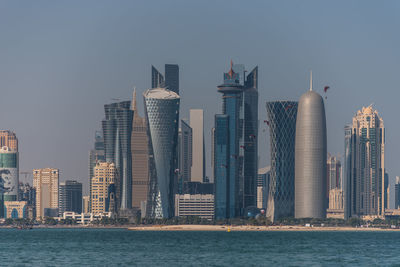 Modern buildings in city at waterfront