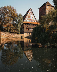 Building by lake against sky