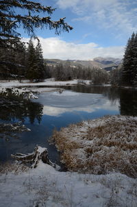 Scenic view of lake against sky during winter