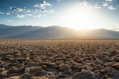 Scenic view of landscape against bright sun