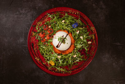 High angle view of chopped fruits in bowl