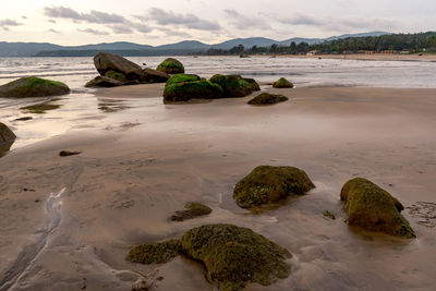 Rocks on beach against sky