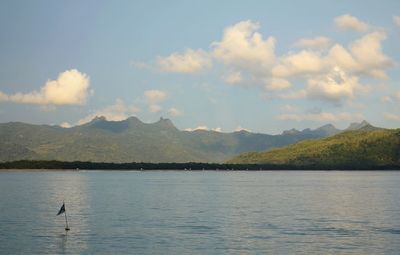 Scenic view of lake and mountains against sky