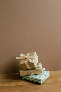 Close-up of christmas presents on table