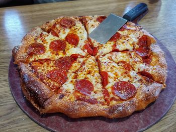 High angle view of pizza on table