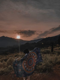 Rear view of woman standing against sky during sunset