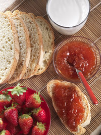 High angle view of breakfast served on table