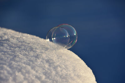 Close-up of bubbles against blue sky