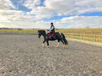 Man riding horse on field against sky