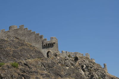 Low angle view of castle against clear blue sky