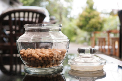 Egg beans in a glass jar on the table