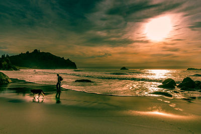 Silhouette people on beach against sky during sunset