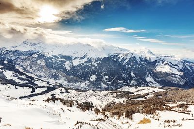 Scenic view of snowcapped mountains against sky