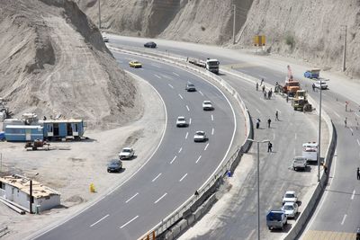 High angle view of people on road
