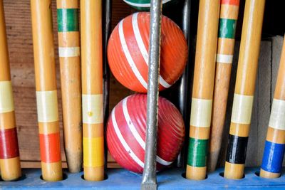 Close-up of croquet equipment