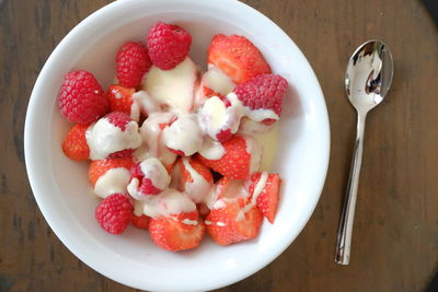 High angle view of breakfast in bowl on table