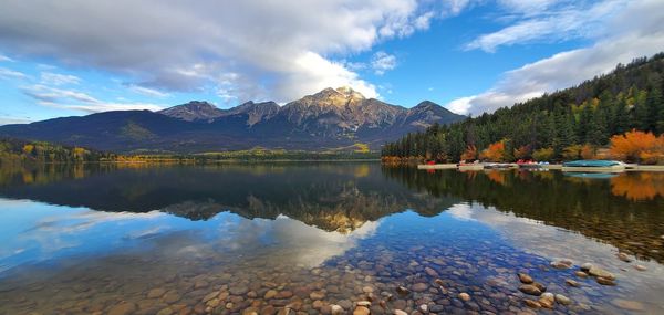 Scenic view of lake by mountains against sky