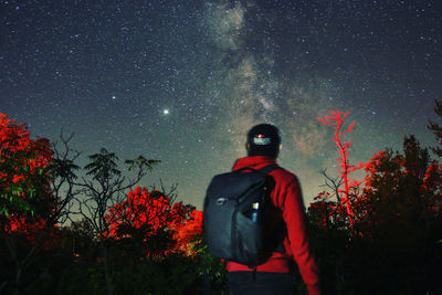 Rear view of man standing against sky at night