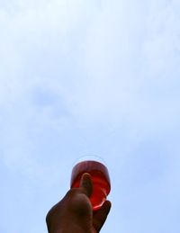 Low angle view of person hand against sky