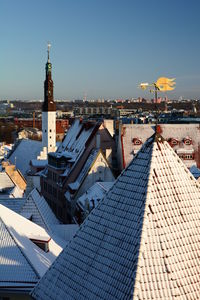 High angle view of city buildings against sky