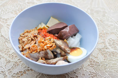 High angle view of breakfast served on table