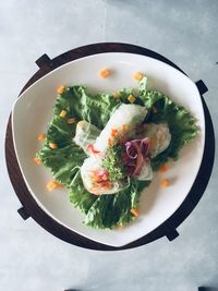 High angle view of salad in bowl on table
