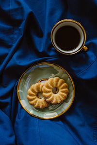 High angle view of breakfast on table