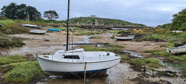 Sailboats moored on sea against sky