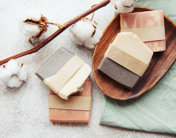 Handmade organic soap bars and cotton flowers