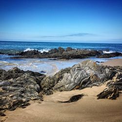Scenic view of beach against clear blue sky
