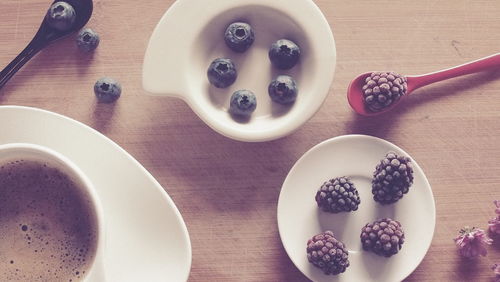 High angle view of breakfast served on table