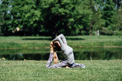 Side view of senior man on grass